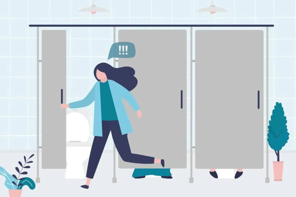 graphic of Urine incontinence Rushden woman running to the toilet.